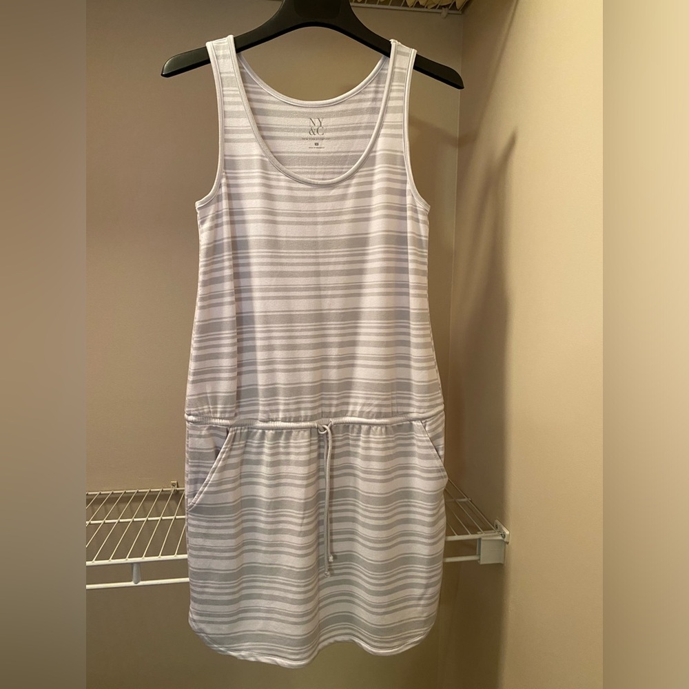 New gray and white striped New York & Company tank dress with pockets size M